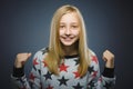 Closeup portrait successful happy girl grey background. Royalty Free Stock Photo