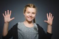 Closeup portrait successful happy girl grey background. Royalty Free Stock Photo