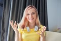 Closeup portrait of talking teenage girl looking at video camera