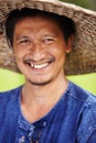 Closeup portrait of a Thai rice paddy worker wearing a traditional hat. Closeup portrait of a Thai rice paddy worker Royalty Free Stock Photo