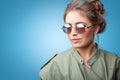 Closeup portrait of trendy hipster girl posing at camera Royalty Free Stock Photo