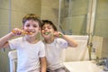 Closeup portrait of twins kids toddler boy brother in bathroom toilet washing face hands brushing teeth with toothbrush playing Royalty Free Stock Photo