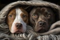 closeup portrait of two cute brown and black pitbull dogs covered with a soft gray blanket Royalty Free Stock Photo