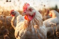 closeup portrait of a white chicken on a farm at sunset Royalty Free Stock Photo