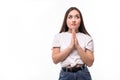 Portrait of asian woman praying hoping for the best, isolated on white background with copy space