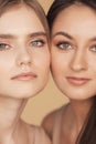 Closeup portrait women with clear skin and natural makeup. Beautiful girl models background beige. Concept spa care