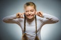 Closeup portrait of worried girl covering her ears, observing. Hear nothing Royalty Free Stock Photo