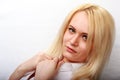 Closeup portrait of young beautiful woman blond girl with long straight hair with natural makeup. Vogue style portait Royalty Free Stock Photo