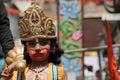 Closeup portrait of young boyin the makeup as Hanuman