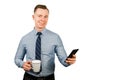 Closeup portrait of young businessman dressed in blue shirt and tie, talking on the mobile phone, isolated on white background Royalty Free Stock Photo