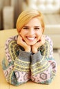 Closeup portrait of young happy woman sitting at the table Royalty Free Stock Photo