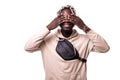 Closeup portrait, young male, shy man closing covering eyes with hands cant see, hiding, isolated white background. See no evil