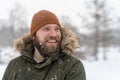 Closeup portrait of young man in khaki winter jacket and brown hat looking to the side. Smiling. Copy space for design. Winter Royalty Free Stock Photo