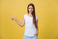 Closeup portrait of young pretty unhappy, serious woman pointing at someone as if to say you did something wrong, bad Royalty Free Stock Photo