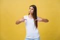 Closeup portrait of young pretty unhappy, serious woman pointing at someone as if to say you did something wrong, bad Royalty Free Stock Photo