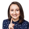 Closeup portrait of young pretty woman laughing, pointing with finger at someone, something isolated on white background. Positive Royalty Free Stock Photo