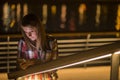 Closeup portrait young unhappy teen woman, talking on cell phone Royalty Free Stock Photo