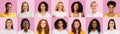 Closeup portraits of multiethnic women over pink, collage