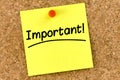 Closeup post it note on corkboard with important message on it Royalty Free Stock Photo