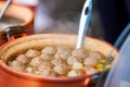 Closeup of a pot of delicious Teochew beef balls