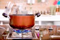 Closeup pot Kitchen luxury cooking and pan on the gas stove Royalty Free Stock Photo