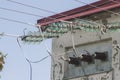 Closeup of power line insulators during dayligh Royalty Free Stock Photo