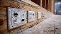 Closeup of power outlets installation in a coworking space renovation highlighting updated electrical infrastructure for Royalty Free Stock Photo