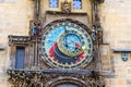 Closeup Prague Astronomical Clock Orloj with small figures located at the medieval Old Town Hall building in Old Town of Prague Royalty Free Stock Photo