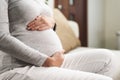 Closeup pregnancy concept, pregnant woman touching her belly with hands sitting on couch Royalty Free Stock Photo