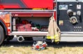 Fire rescue equipment in firetruck ready for emergency accident.