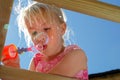 Closeup of a pretty, young girl wearing a pink dress, blowing bubbles from the top of her climbing frame, on a sunny summers day Royalty Free Stock Photo