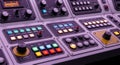 Closeup of professional audio mixing console with colorful buttons and knobs for sound engineering and music produc Royalty Free Stock Photo