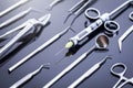 Closeup of professional dental tools on shiny table Royalty Free Stock Photo