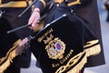 Closeup of professional musicians playing drums on the street during Holy Week in Spain Royalty Free Stock Photo