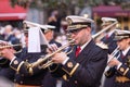 Closeup of professional musicians playing trumpets on the street during Holy Week in Spain