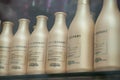 Closeup of professional shampoo bottles L` oreal , the french leader in the world in cosmetics at hairdresser
