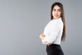 Closeup profile of confident business woman looking forward isolated on gray background