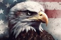 Closeup profile of North American bald eagle against USA flag. The 4th of July celebration