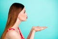 Closeup profile photo of attractive pretty lady look side empty space hold arms near mouth sending air kisses pouted Royalty Free Stock Photo