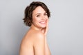 Closeup profile photo of beautiful nude lady short bob hairdo rejuvenation spa salon procedure soft facial skin touch Royalty Free Stock Photo