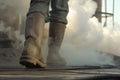 closeup of protective boots walking near smoking smokestack Royalty Free Stock Photo