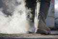 closeup of protective boots walking near smoking smokestack Royalty Free Stock Photo