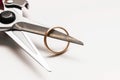 Closeup of pruner and wedding ring. Concept of wedding canceling or divorce.