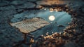 A closeup of a puddle reveals the reflection of the moon perfectly captured within its rippling surface. Next to it a