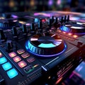 Close up of purple DJ controller with buttons, knobs, and electric blue lights Royalty Free Stock Photo
