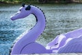 Closeup of a purple dragon paddleboat at lake dock - Davie, Florida, USA