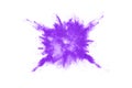 Closeup of a purple dust particle explosion isolated on white background. Royalty Free Stock Photo