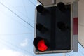 Closeup railroad signal red light platform against sky Royalty Free Stock Photo