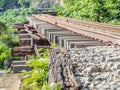 Closeup of railway train track on wooden bridge in the forest Royalty Free Stock Photo