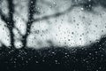 Closeup of rain droplets on glass window, water droplets with light reflection and refraction, blurred dark autumn Royalty Free Stock Photo